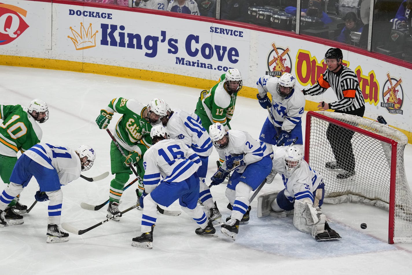 Minnetonka goaltender Kaizer Nelson (31) blocked a shot in the third period as Edina and Minnetonka play for the 2A boys hockey champonship Saturday, March 11, 2023 St. Paul, Minn. Minnetonka wins over Edina for the 2A boys hockey championship 2-1 ] GLEN STUBBE • glen.stubbe@startribune.com