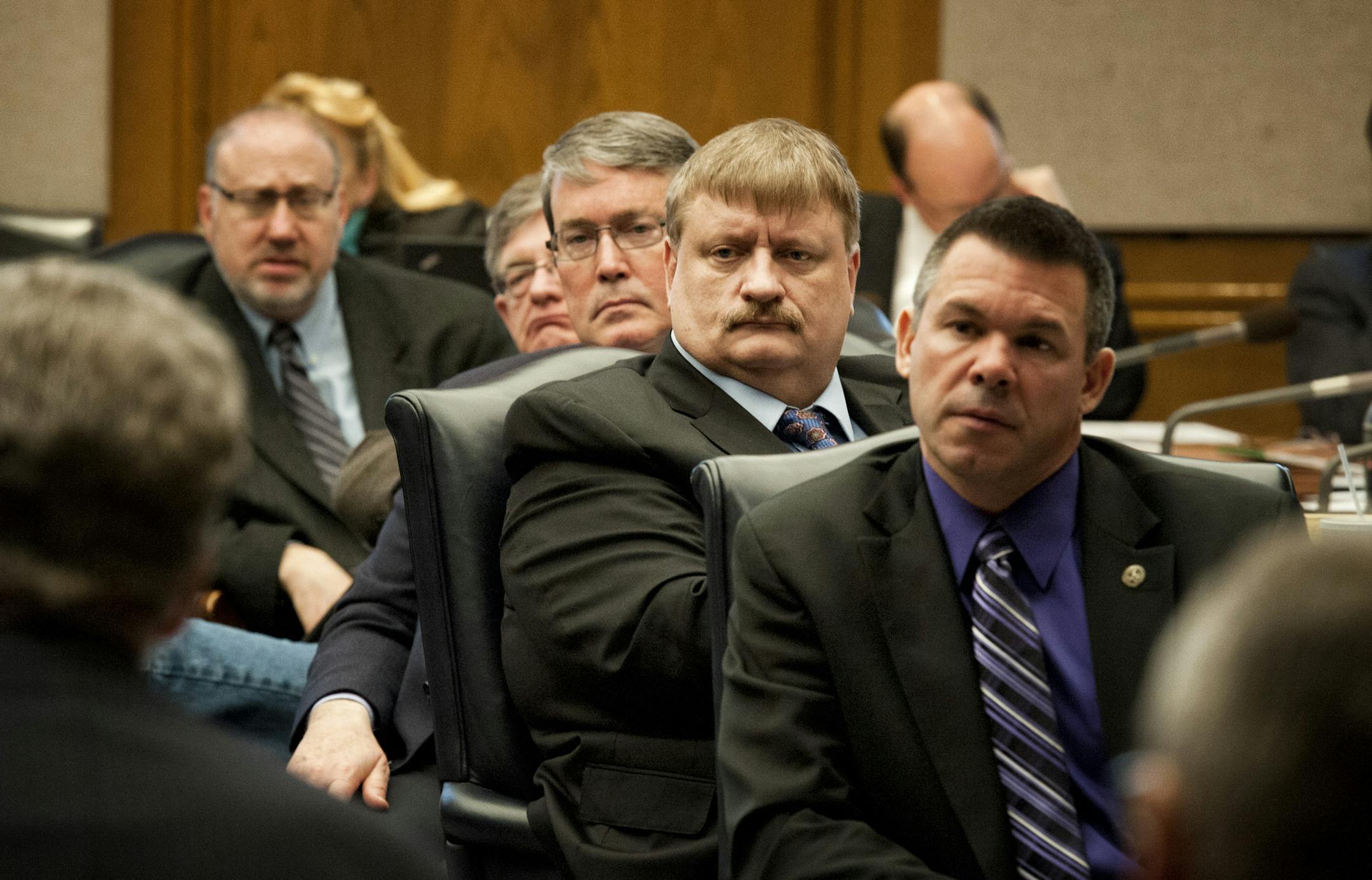 Representatives Frank Hornstein, Tom Hackbarth, Mike Beard, Duane Quam and Tim Kelly, L to R, listened to Scott Peterson MNDOT director of government affairs testify. Southeast Minnesota citizens and lobbyists filled the room during a joint hearing of the House and Senate energy policy committees, Tuesday, February 19, 2013 at a press conference to talk about frac sand mining. ] GLEN STUBBE * gstubbe@startribune.com