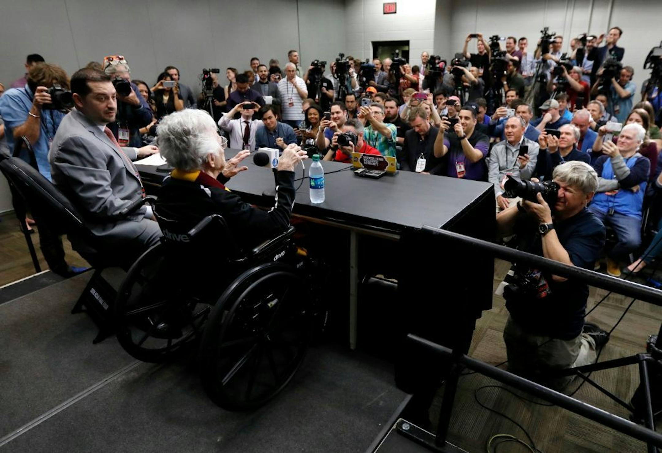 Loyola's Sister Jean Dolores Schmidt answers questions during a news conference for the Final Four NCAA college basketball tournament, Friday, March 30, 2018, in San Antonio.