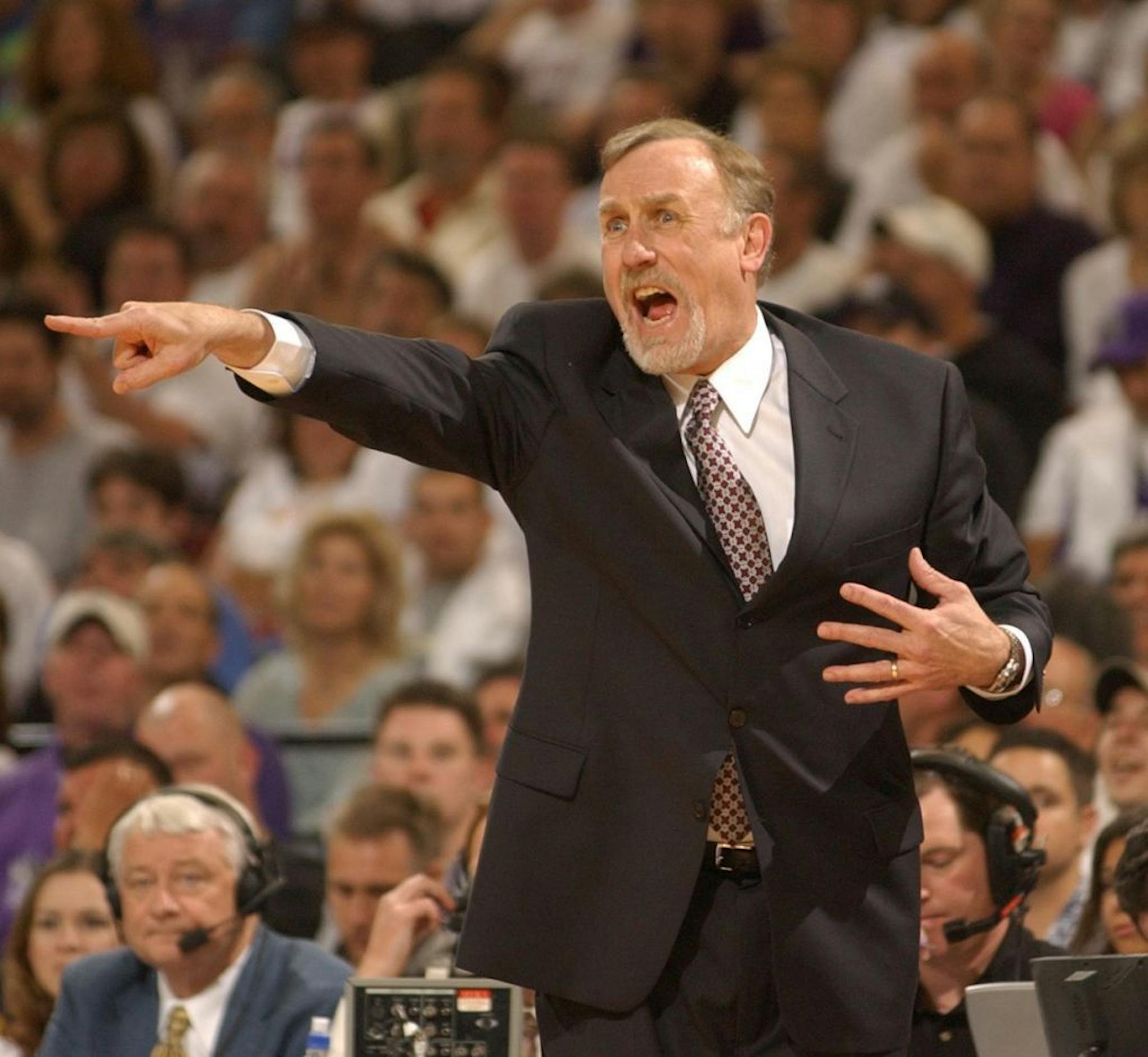Coach Rick Adelman reacts during the third quarter of game one of the 2003 NBA Western Conference Playoffs between the Utah Jazz and the Sacramento Kings at Arco Arena in Sacramento, California. April 19, 2003.