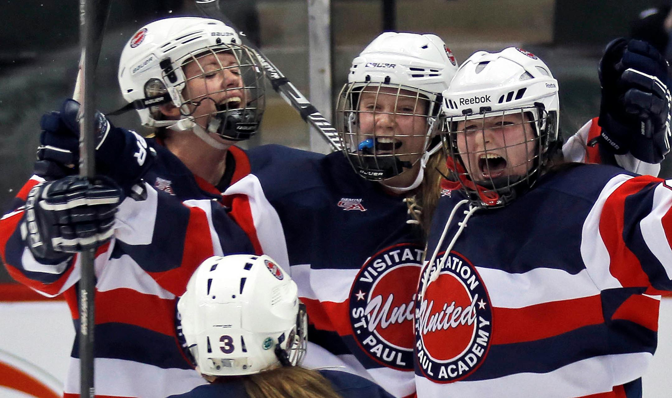 Girls Class 1A Hockey quarterfinals - St. Paul United vs. Proctor/Hermantown Mirage. United players celebrated their first period goal scored by Lauren Boettcher, right. (MARLIN LEVISON/STARTRIBUNE(mlevison@startribune.com)
