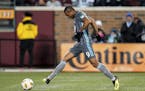 Minnesota United forward Angelo Rodriguez (9) maneuvered the ball past New York City FC goalkeeper Sean Johnson (1) for a wide-open goal in the first 