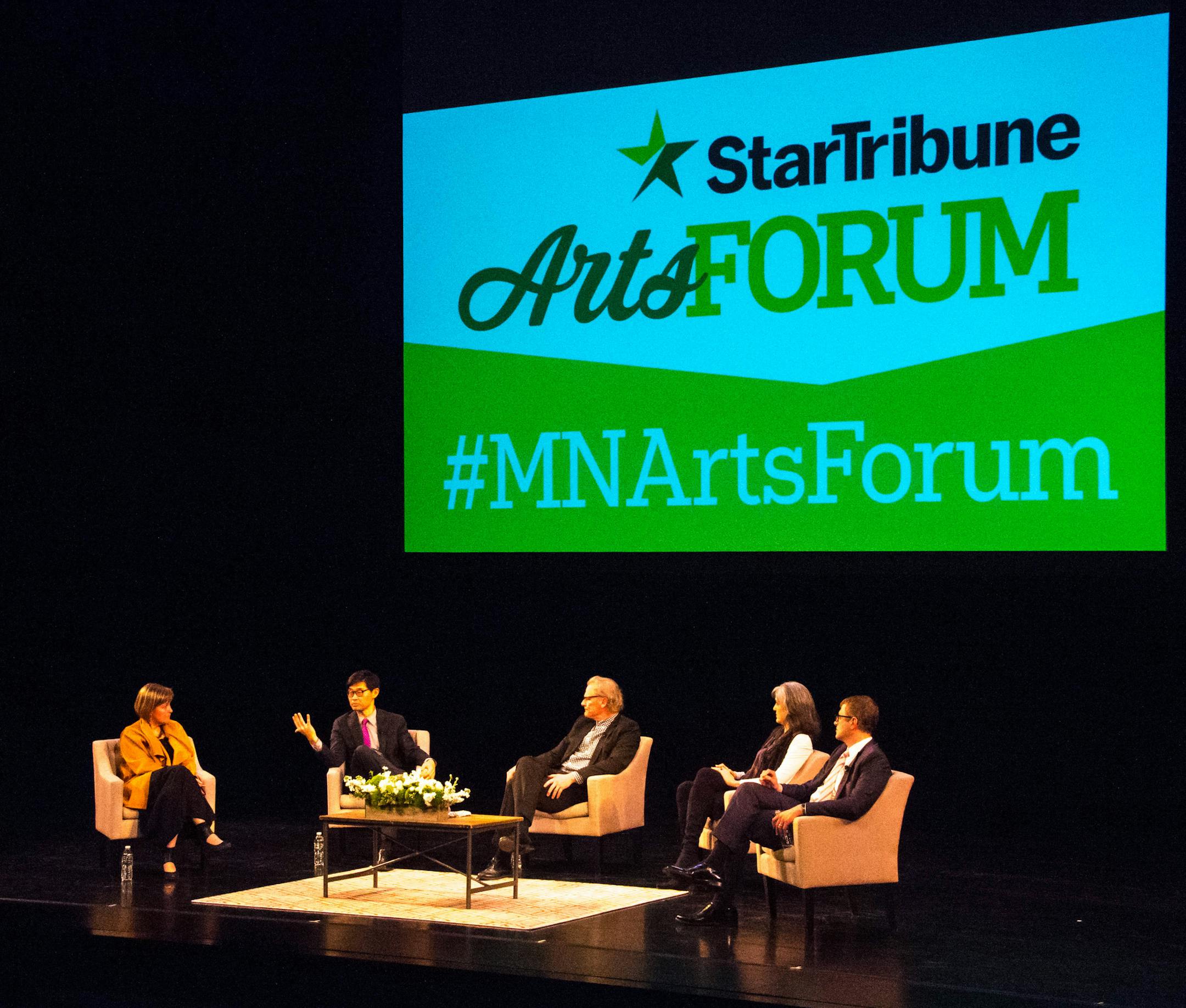 Photo by Max Haynes Star Tribune Arts Forum L-R: Kaywin Feldman, Minneapolis Institute of Art; Kyu-Young Kim, principal violin and artistic director of the St. Paul Chamber Orchestra;Graydon Royce, Star Tribune theater critic; Olga Viso, Walker Art Center; Joseph Haj, The Guthrie.