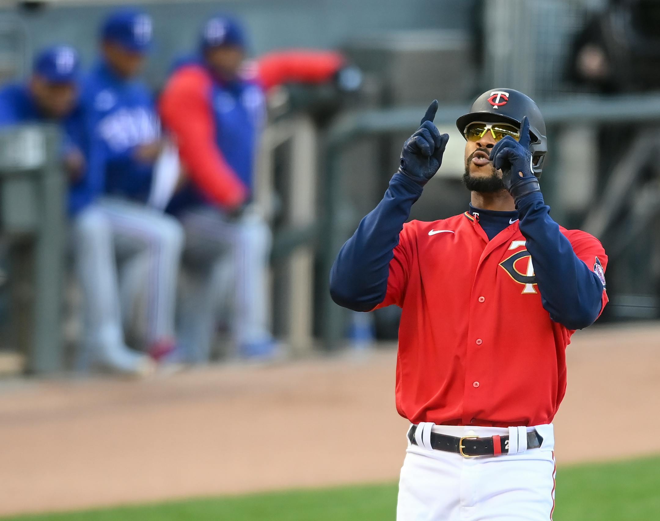 Minnesota Twins center fielder Byron Buxton (25) celebrated his 2-run home run in the bottom of the first inning against the Texas Rangers.