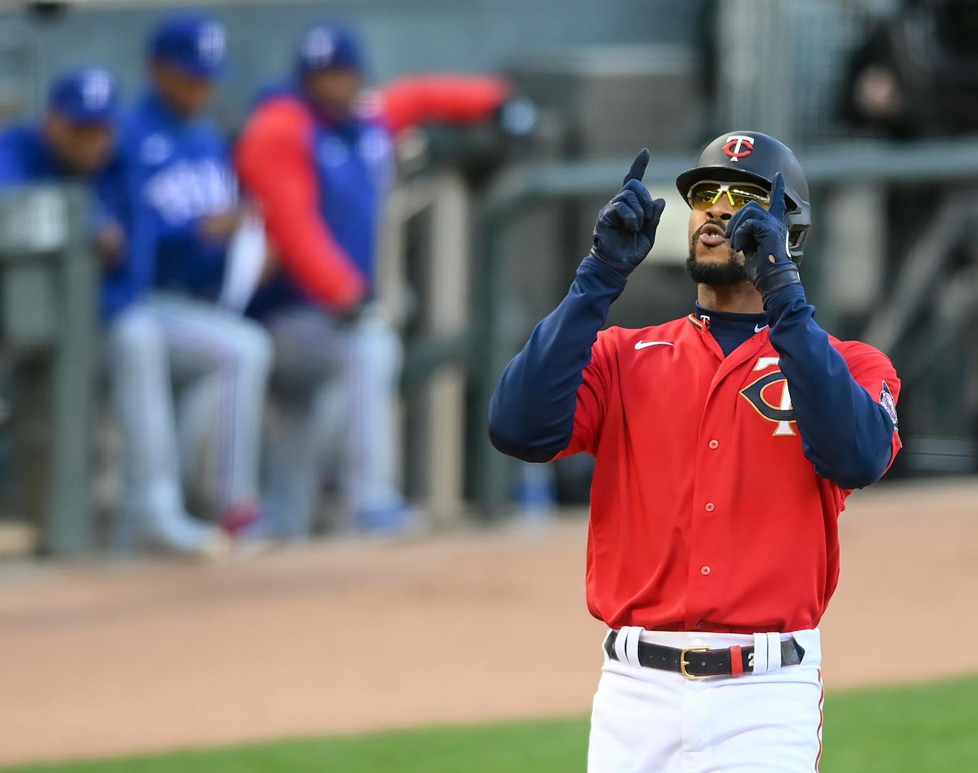 Minnesota Twins center fielder Byron Buxton (25) celebrated his 2-run home run in the bottom of the first inning against the Texas Rangers.