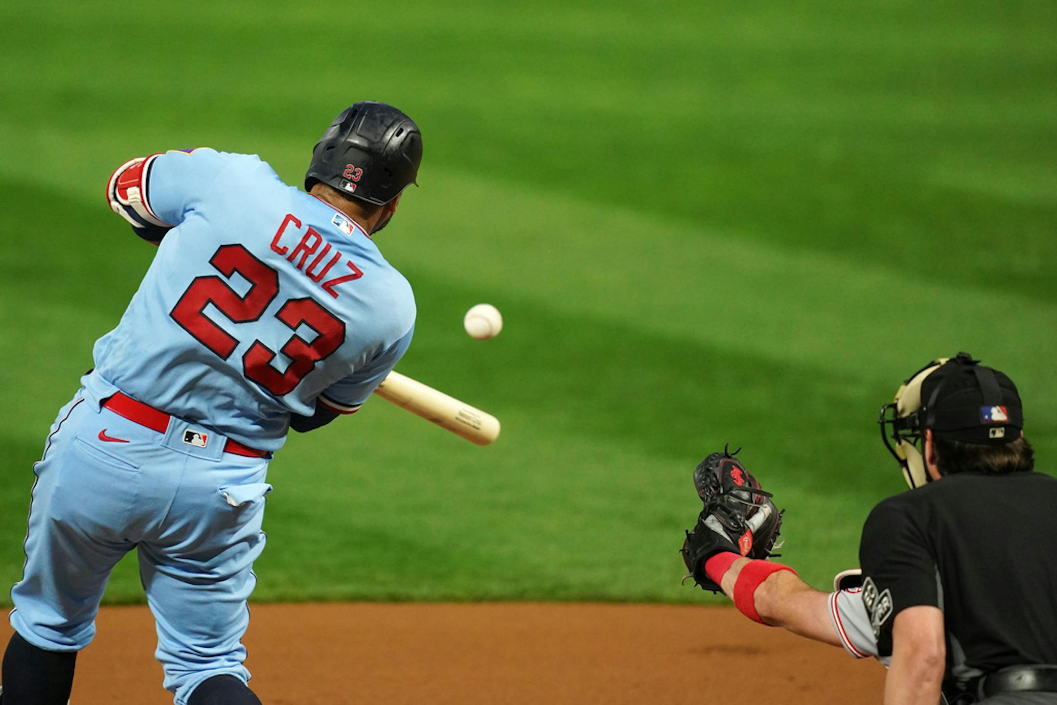 Minnesota Twins designated hitter Nelson Cruz (23) connected with the ball for a single in the first inning. ] ANTHONY SOUFFLE • anthony.souffle@startribune.com