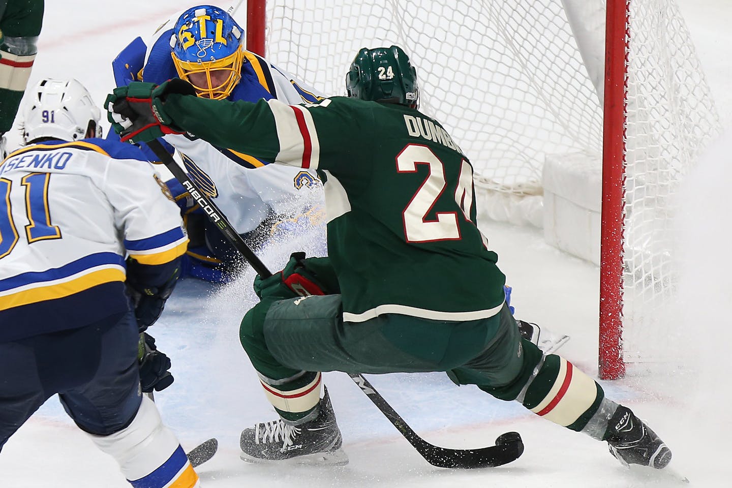 Wild defenseman Matt Dumba lined up the game-winning shot against Blues goalie Jake Allen in overtime Saturday.