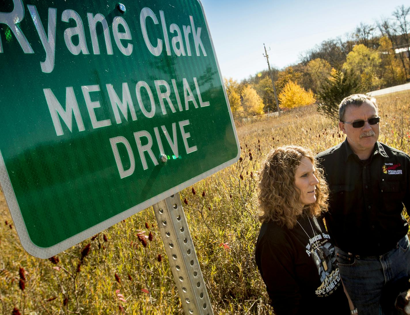 Tracy and Rick Clark have worked to install a memorial to their son, Ryane, near their home in New London, Minn. Ryane was killed while serving in the Army in Afghanistan in 2010. Last weekend, the Clarks had a ceremony dedicating a stature and "story rock" at the site.