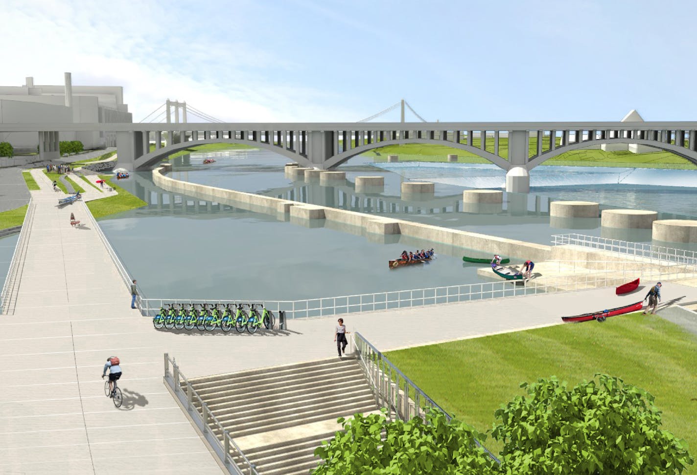 Proposed boat landing and Nice Ride station changes to the Mississippi Riverfront near St. Anthony Falls in Minneapolis.