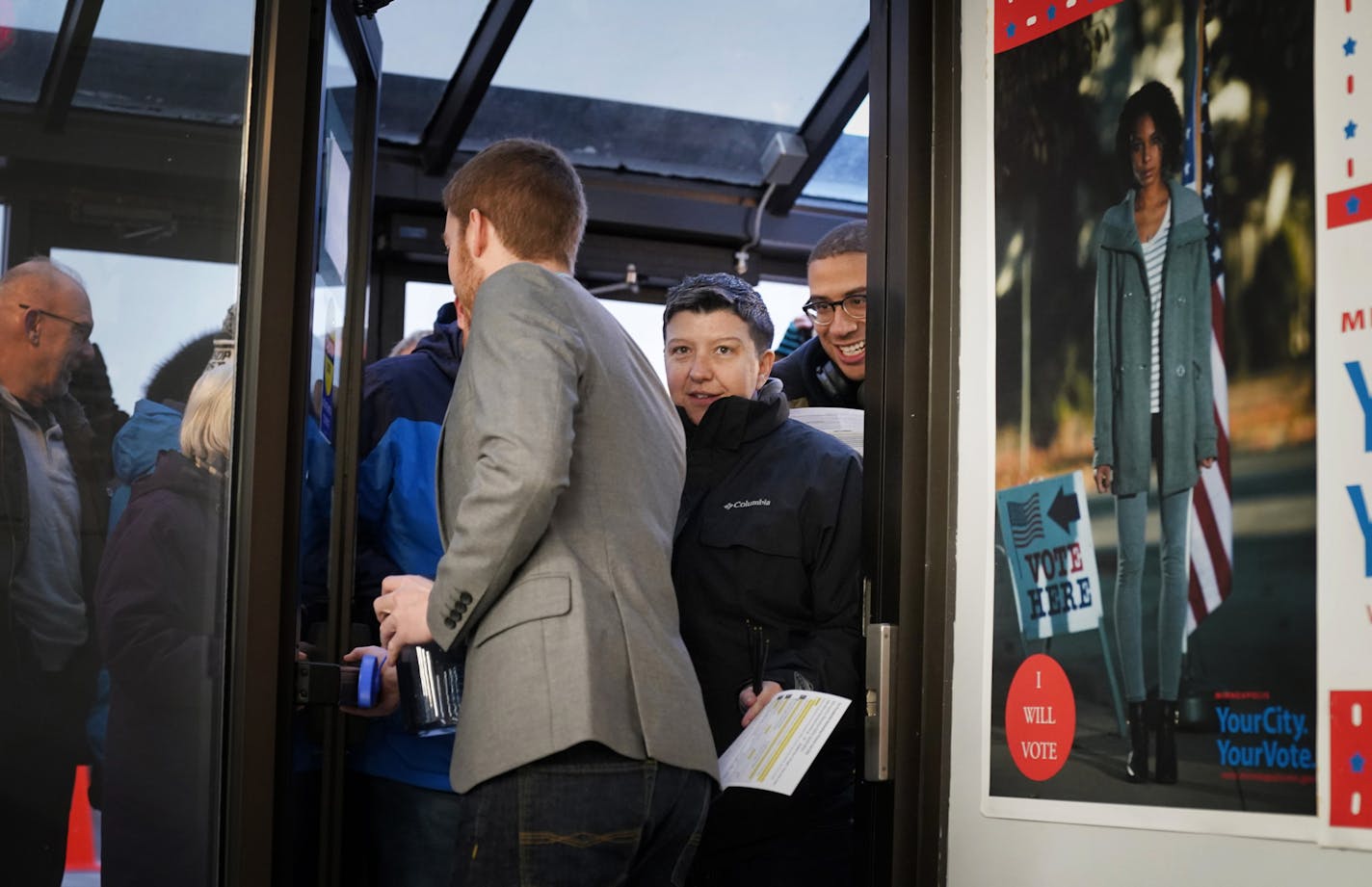 Davis Senseman and Jared Mollenkof arrived at the Minneapolis Early Voting Center Thursday night so they could be among the first voters in the 2020 election, when the center opens at 8:00 a.m. Friday. They plan to vote for Elizabeth Warren. ] GLEN STUBBE &#x2022; glen.stubbe@startribune.com Friday, January 17, 2020 The