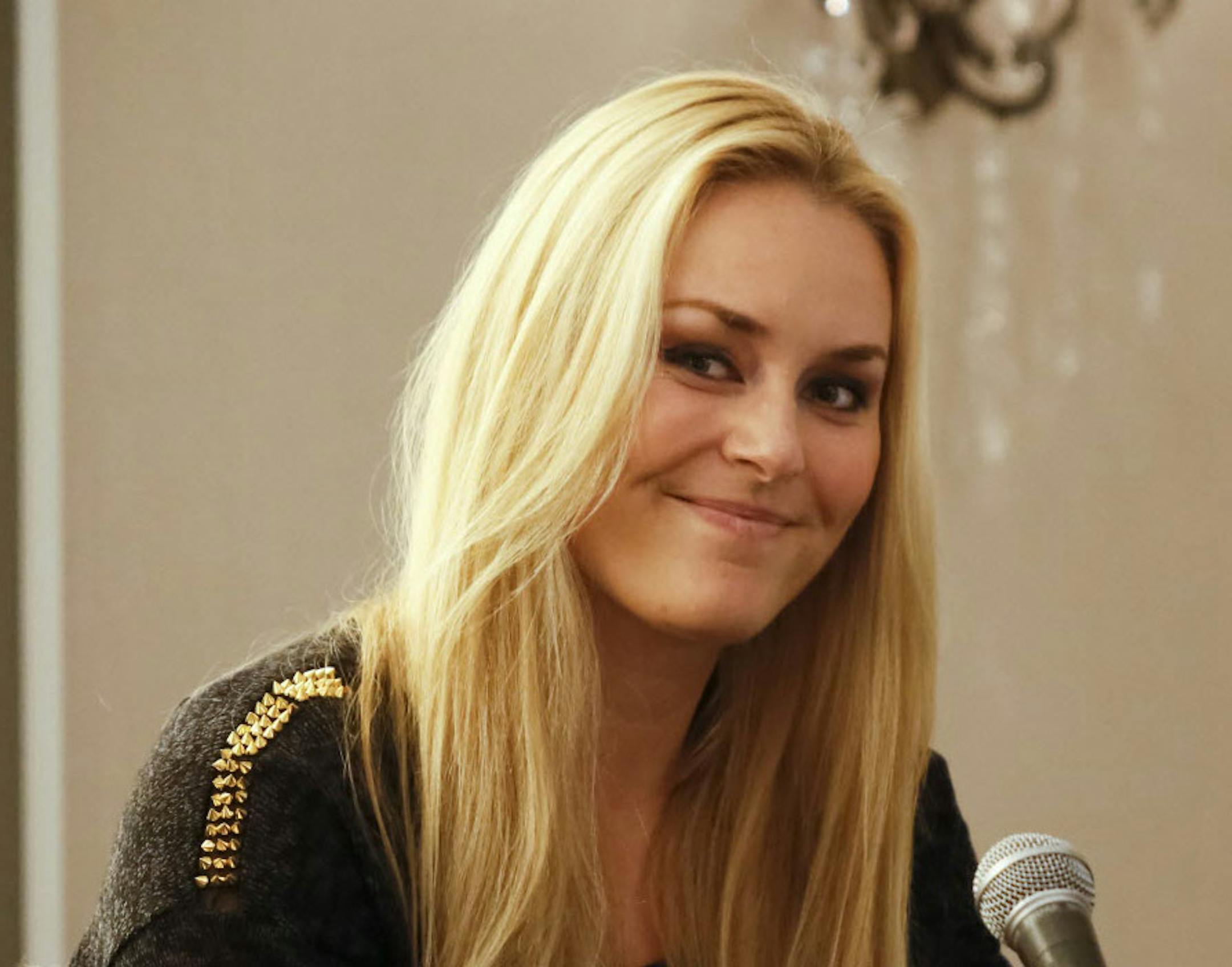 Lindsey Vonn, of the United States, smiles during a press conference for the women's World Cup ski races in Aspen, Colo. on Friday, Nov. 23, 2012.
