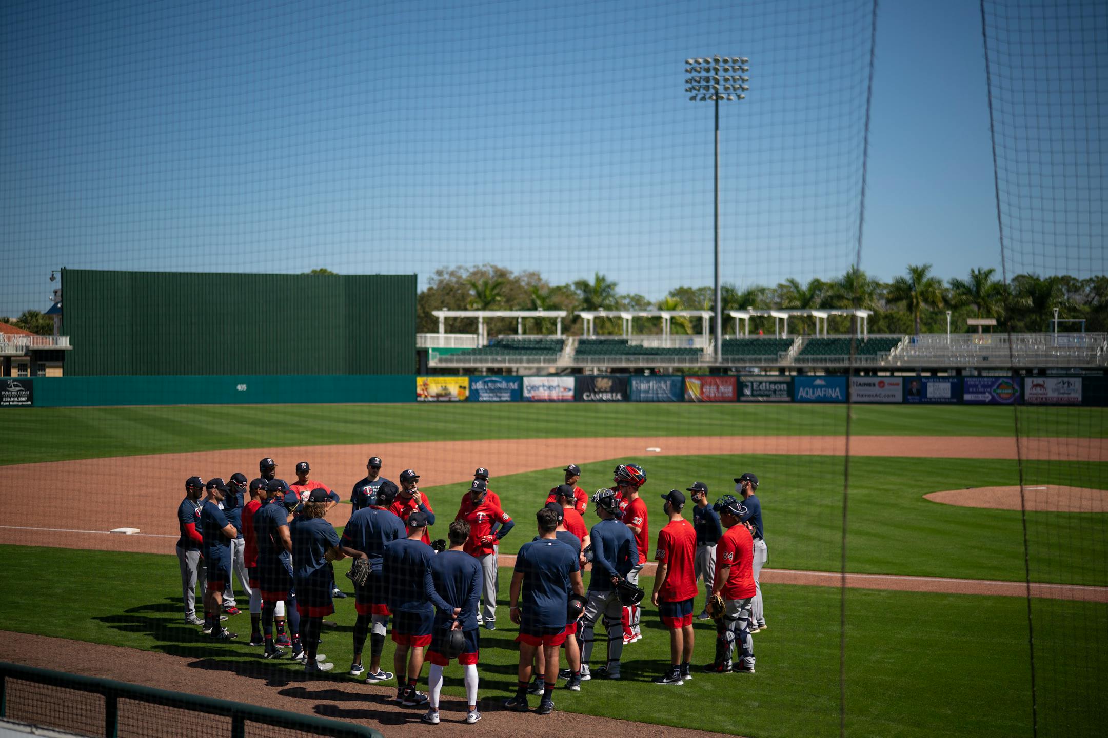 Twins manager Rocco Baldelli gave instructions to players before a drill began Tuesday morning.