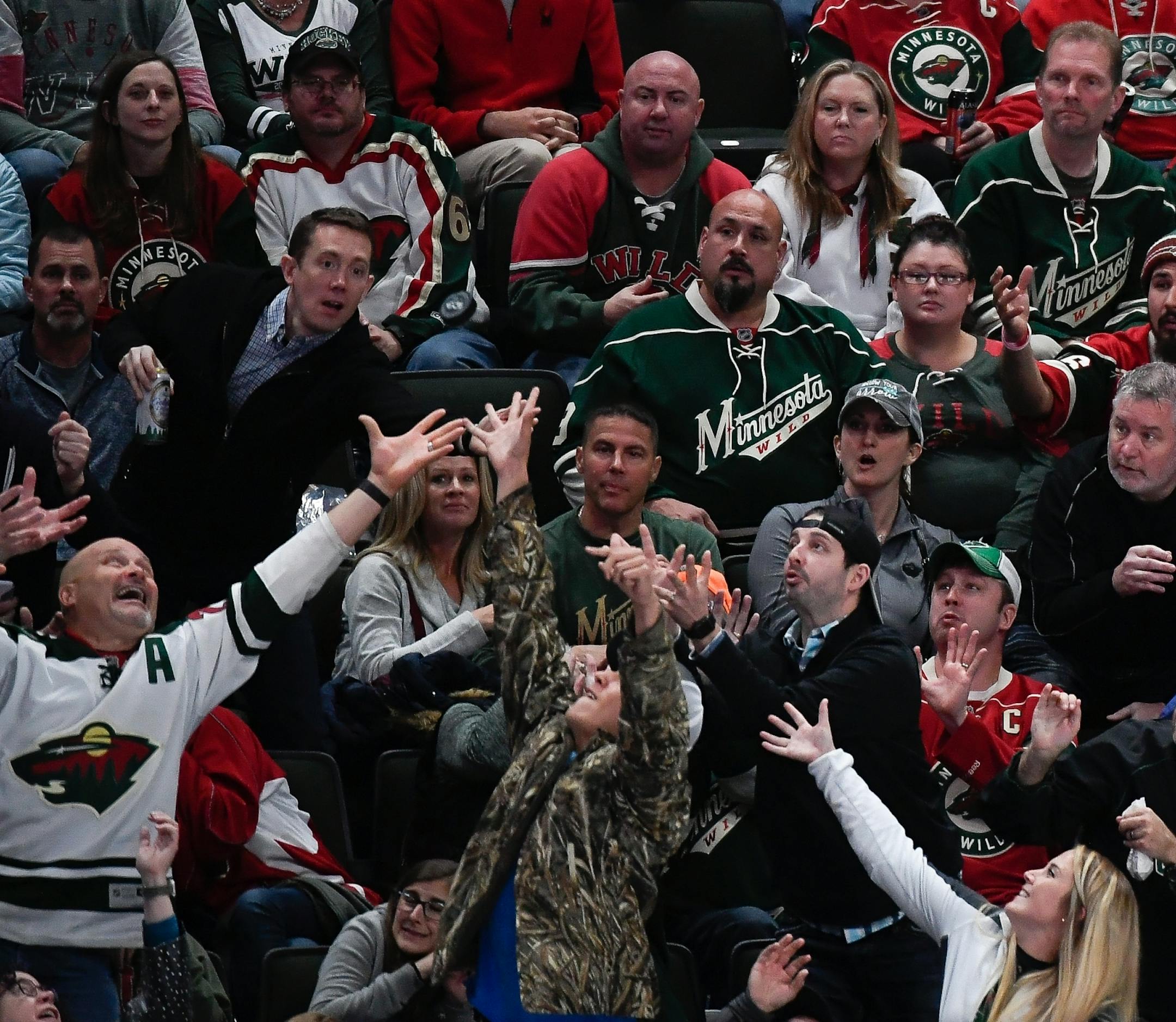 Fans reached for an errant hockey puck in the second period.