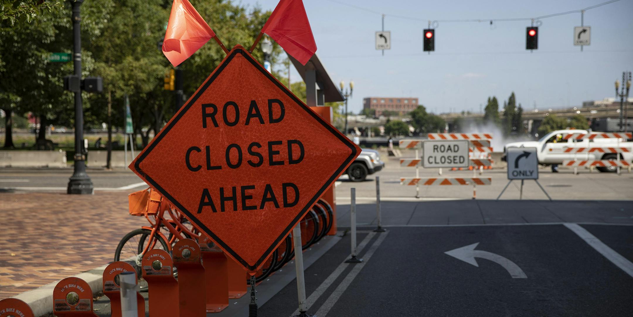 Roads are closed in Portland, Ore., in preparation for protests expected to take place the next day, on Friday, Aug. 16, 2019. Far-right groups demanding that "anti-fascists" be labeled domestic terrorists are expected to clash with counterprotesters on Saturday, the latest in a series of vocal and at times violent political demonstrations in the city. (Ruth Fremson/The New York Times)