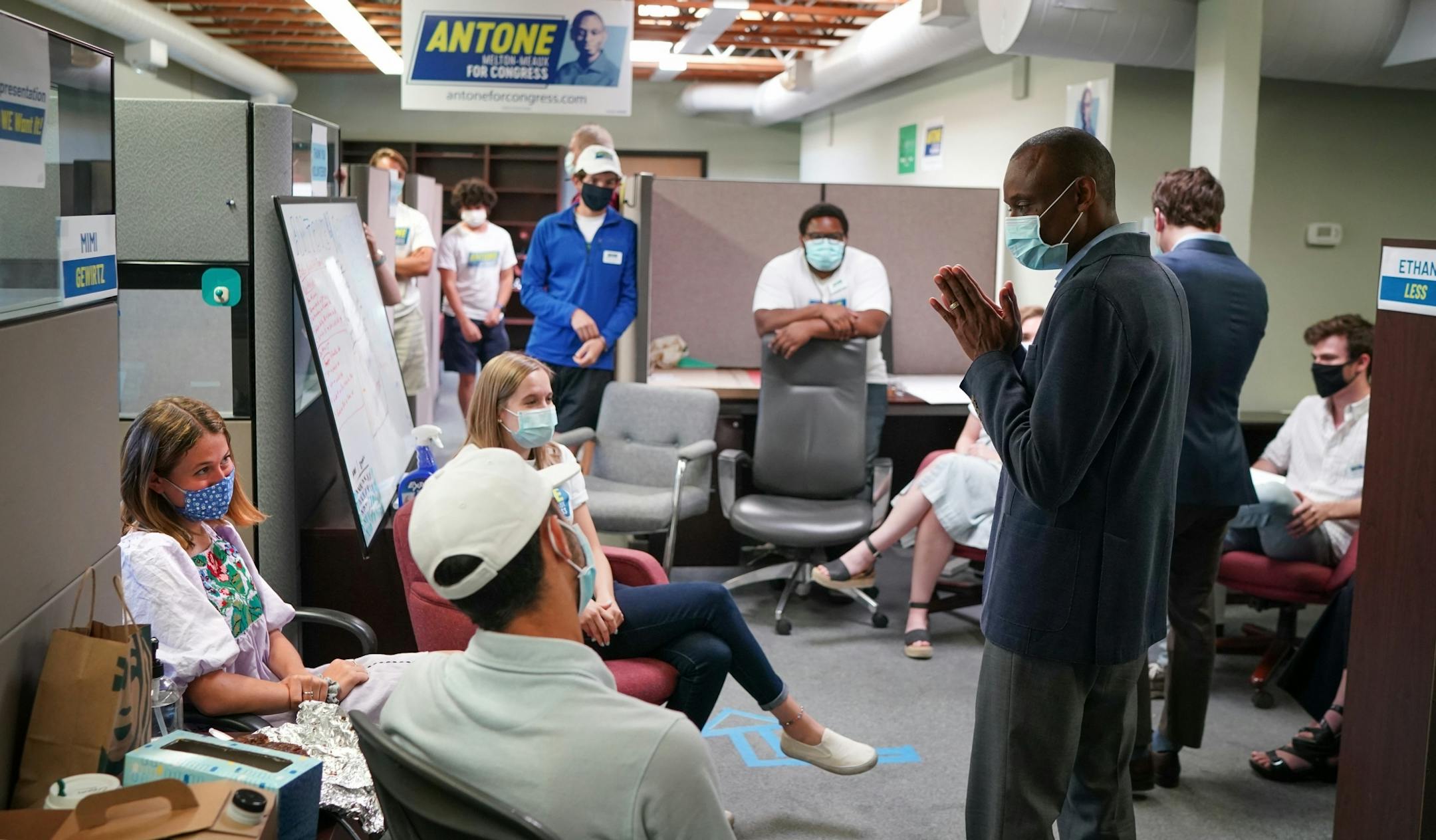 After the parking lot press conference where he predicted victory against incumbent U.S. Rep. Ilhan Omar, Antone Melton-Meaux entered his Minneapolis campaign headquarters and thanked staff members and volunteers for all their hard work.