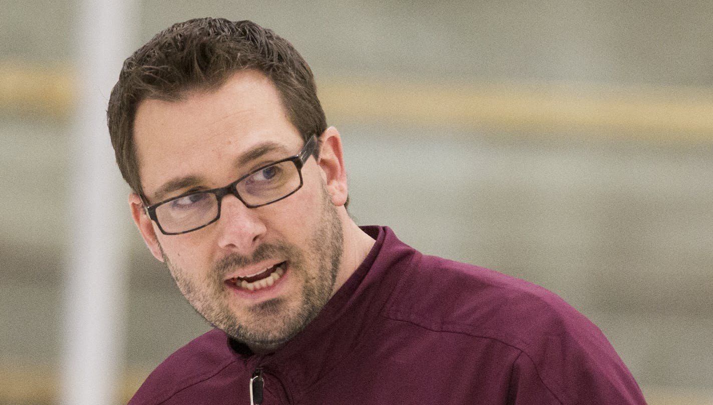 University of Minnesota women's hockey team head coach Brad Frost coaches practice at Schwann Super Rink in Blaine. ] (Leila Navidi/Star Tribune) leila.navidi@startribune.com BACKGROUND INFORMATION: Tuesday, March 15, 2016.