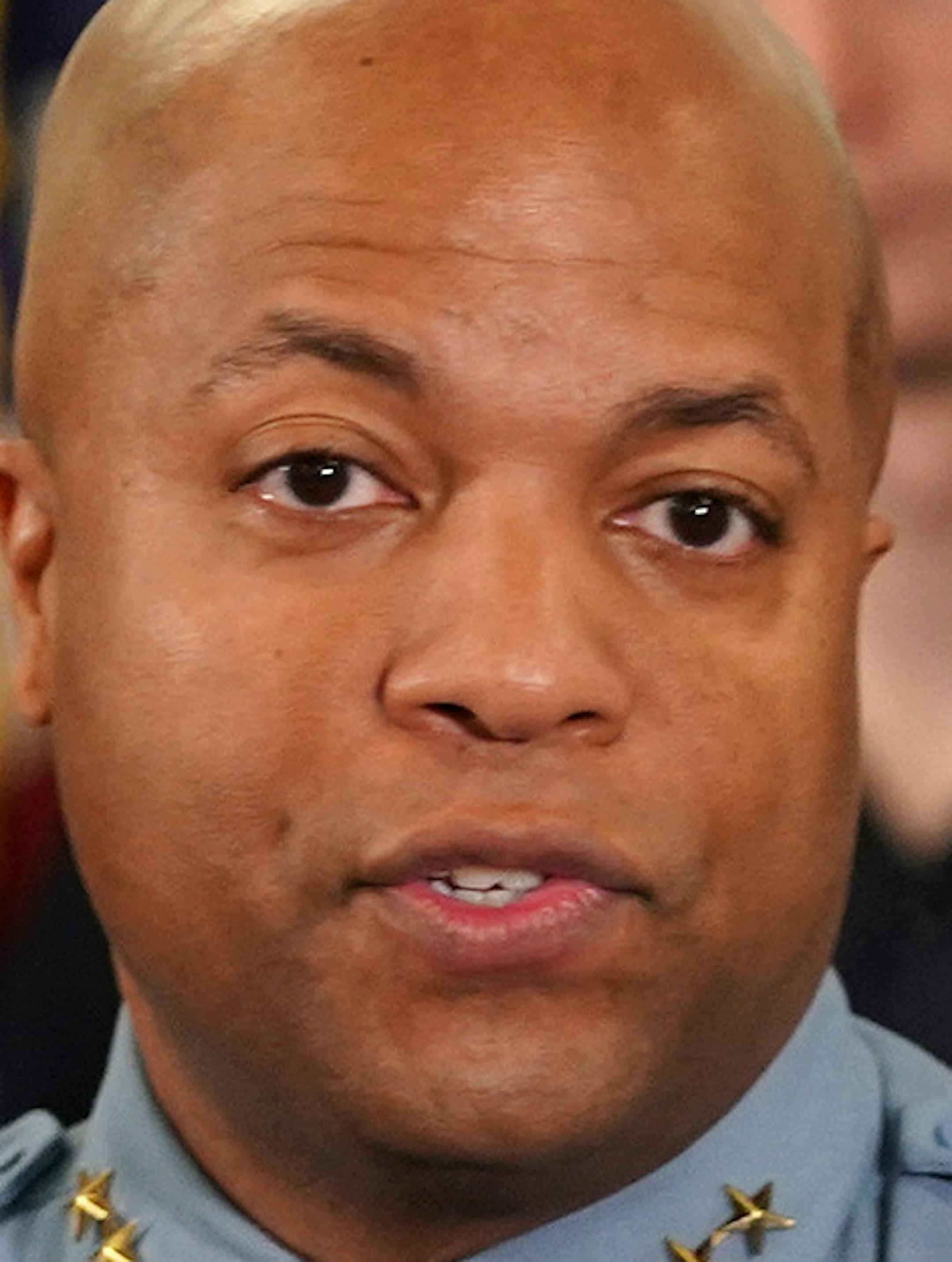 Police Chief Medaria Arradondo spoke as Mayor Jacob Frey stood by after announcing he has appointed Arradondo to another term. ] ANTHONY SOUFFLE • anthony.souffle@startribune.com Mayor Jacob Frey held a news conference to announce that he has appointed Police Chief Medaria Arradondo for another term Thursday, Nov. 1, 2018 at the Minneapolis Police Department's Special Ops Center in north Minneapolis.