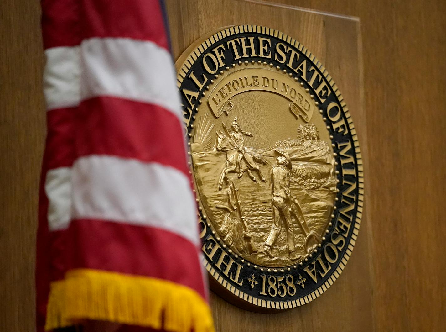 The courtroom C-1856, including the Minnesota seal above the bench, where the Derek Chauvin trial will take place at the Hennepin County Government Center and seen Friday in Minneapolis.