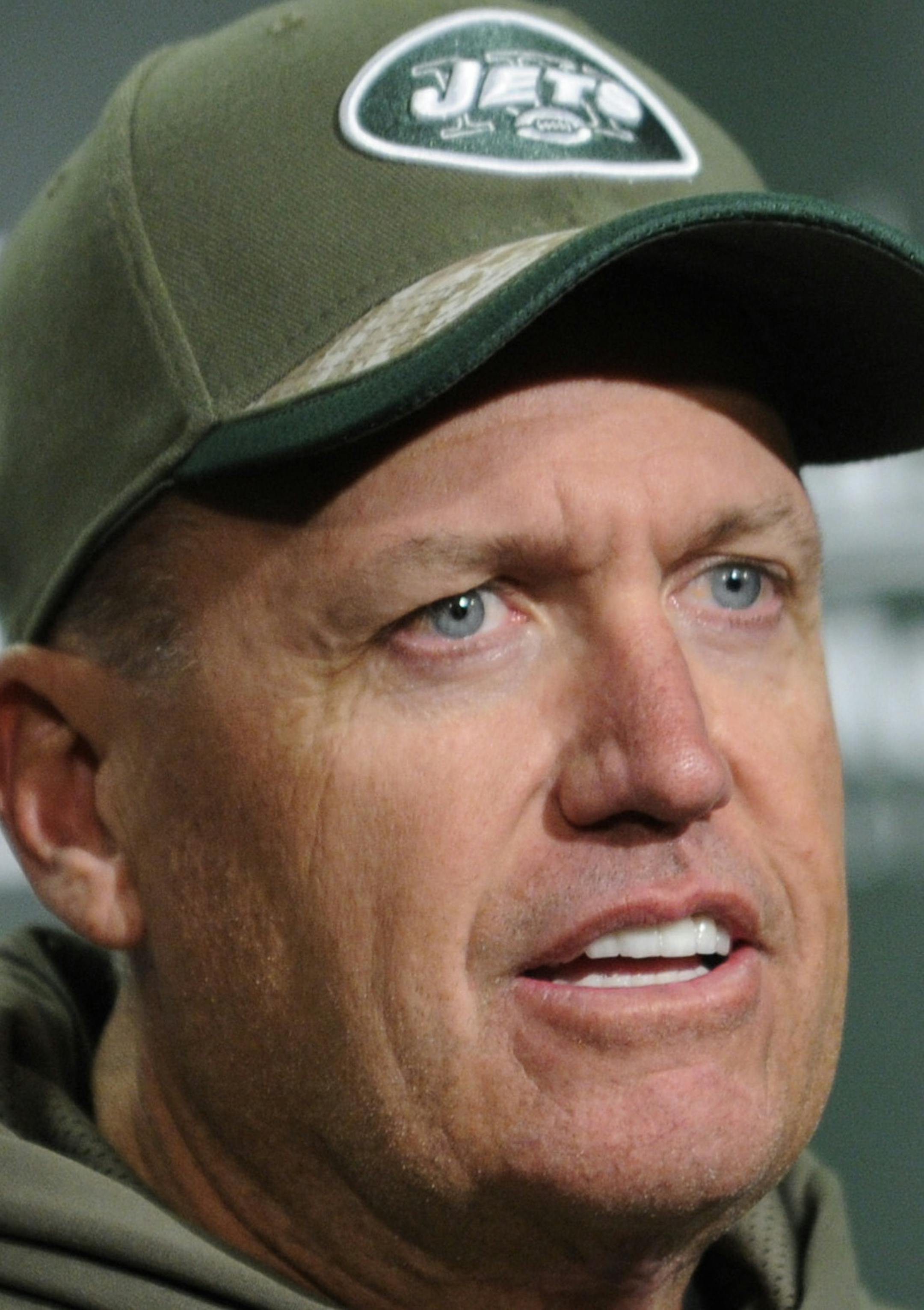 FILe - In this Nov. 10, 2014, file photo, New York Jets head coach Rex Ryan speaks during a news conference after an NFL football game against the Pittsburgh Steelers in East Rutherford, N.J. Ryan has been fined $100,000 for his postgame use of profanity that was picked up on video last Sunday after the game against the Steelers. (AP Photo/Bill Kostroun, File) ORG XMIT: NY164