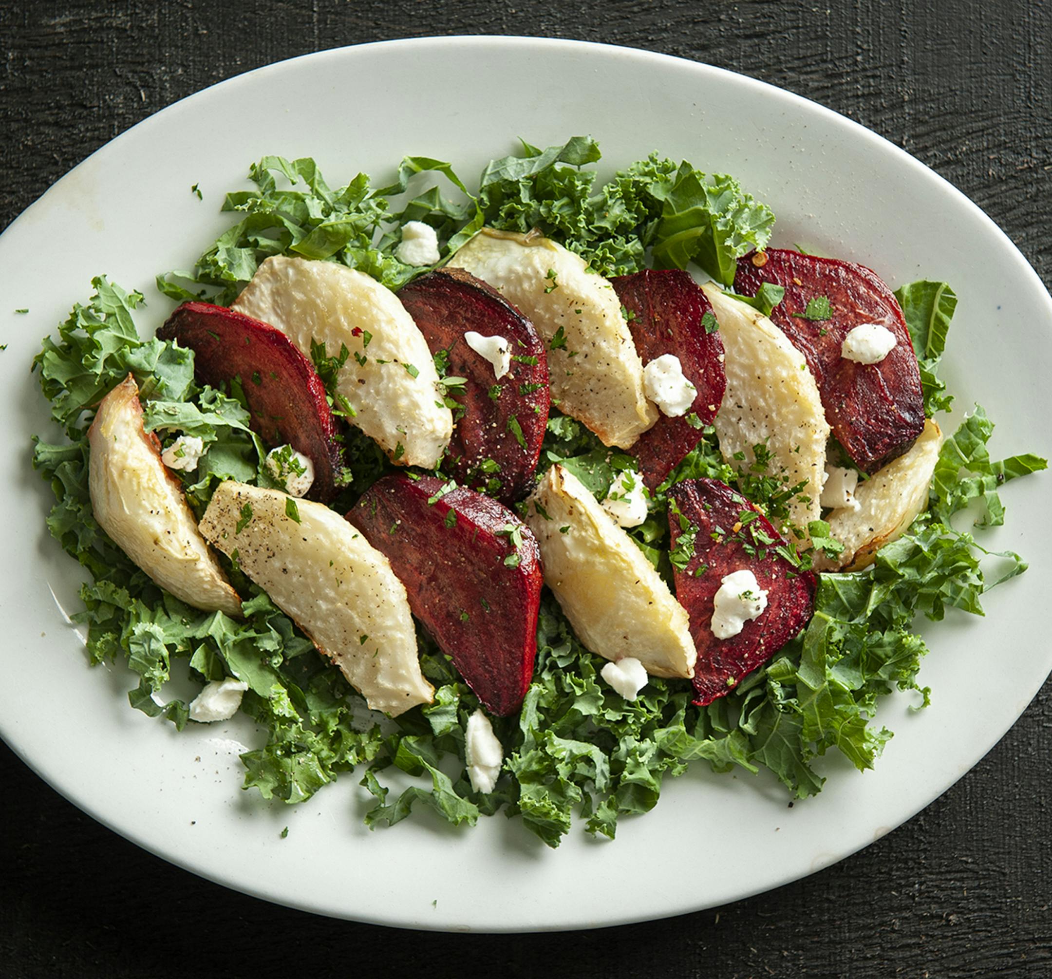 Roasted Kohlrabi and Beet Salad with Chevre.