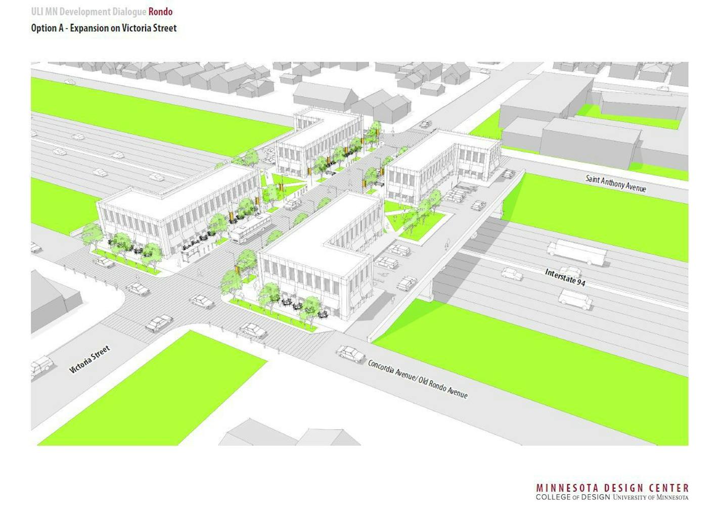 A University of Minnesota design team shared renderings of possible "land bridges" over Interstate 94 in the Rondo neighborhood of St. Paul. This rendering shows one of the smaller options. The most ambitious design would cap the freeway, turning it into a tunnel, and add development spanning multiple blocks.