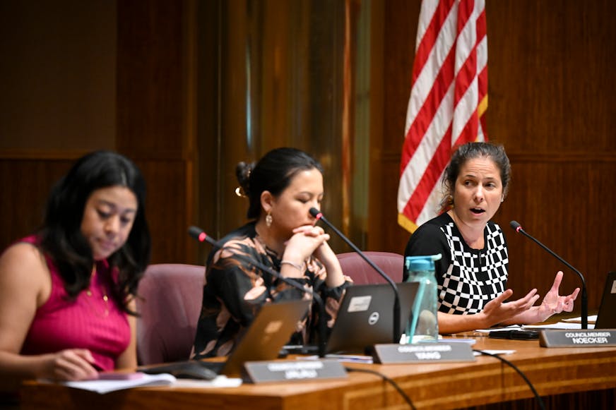 Council Member Rebecca Noecker, right, speaks about a package of amendments to the St. Paul rent control laws during a city council meeting.