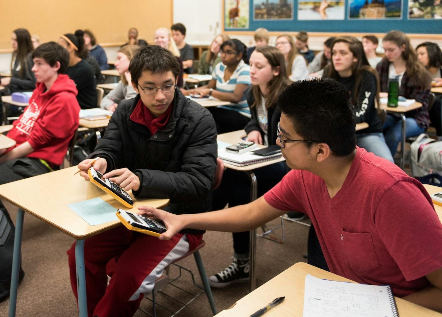 Tenth graders Kenny Tran and Caleb Sotl compared results during their pre-calculus class. ] MARK VANCLEAVE &#x2022; mark.vancleave@startribune.com * Latanya Daniels is the principal of Richfield High School which, along with the district, has seen an increase in graduation rates. Photographed Thursday, Feb. 23, 2017.