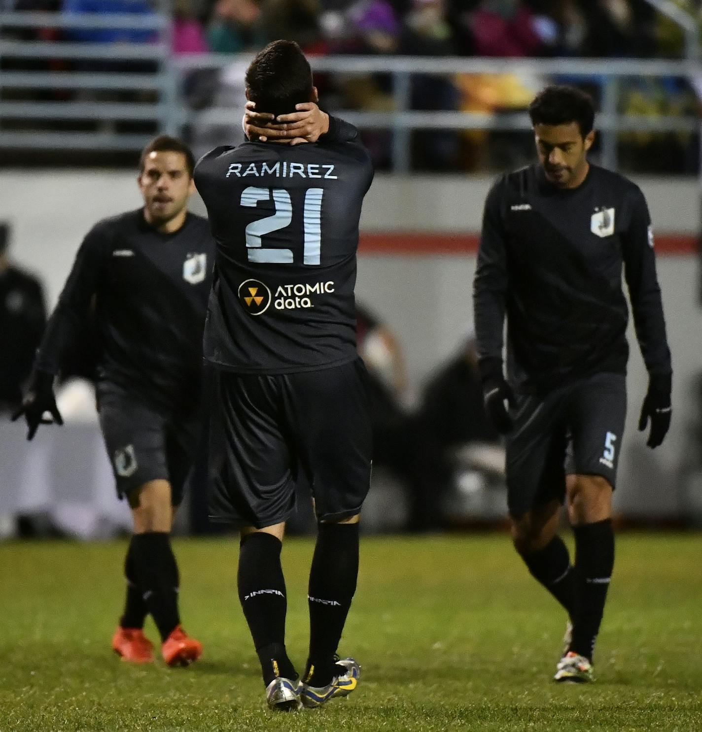 Minnesota United FC players including forward Christian Ramirez (21) were dejected after their inability to score in the second half, despite no lack of chances. ] (AARON LAVINSKY/STAR TRIBUNE) aaron.lavinsky@startribune.com Minnesota United played the New York Cosmos on Saturday, Oct. 29, 2016 at the National Sports Center in Blaine, Minn.