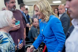 First Lady Jill Biden greets guests after she spoke at the Lincoln Park Community Center to a group composed mostly of seniors in Duluth, Minn., on Th