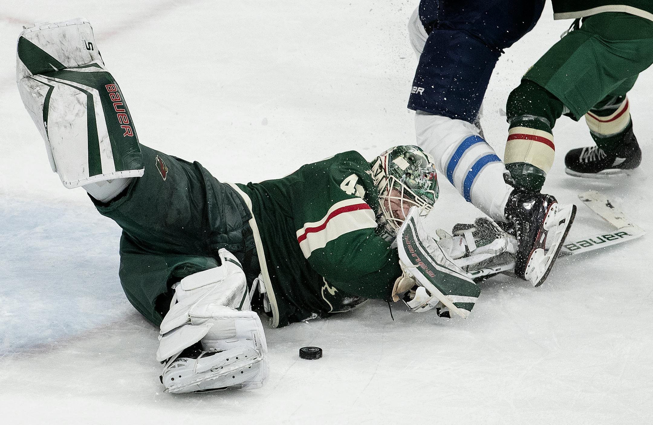 Minnesota Wild goalie Devan Dubnyk made a save in the third period. ] CARLOS GONZALEZ &#xef; cgonzalez@startribune.com &#xf1; April 17, 2018, St. Paul, MN, Xcel Energy Center, NHL, Stanley Cup Playoffs &#xf1; Game 4, Minnesota Wild vs. Winnipeg Jets