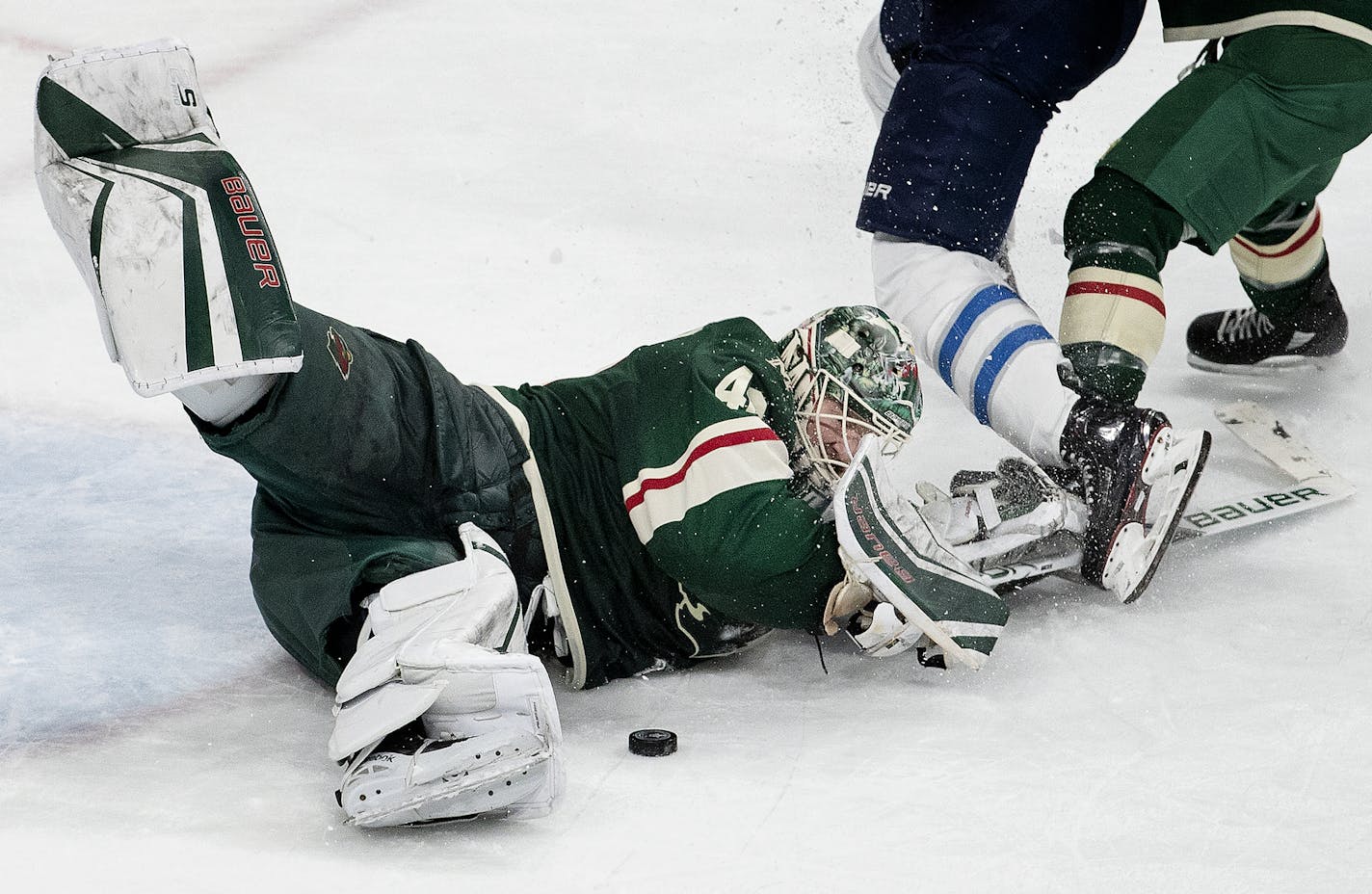 Minnesota Wild goalie Devan Dubnyk made a save in the third period. ] CARLOS GONZALEZ &#xef; cgonzalez@startribune.com &#xf1; April 17, 2018, St. Paul, MN, Xcel Energy Center, NHL, Stanley Cup Playoffs &#xf1; Game 4, Minnesota Wild vs. Winnipeg Jets