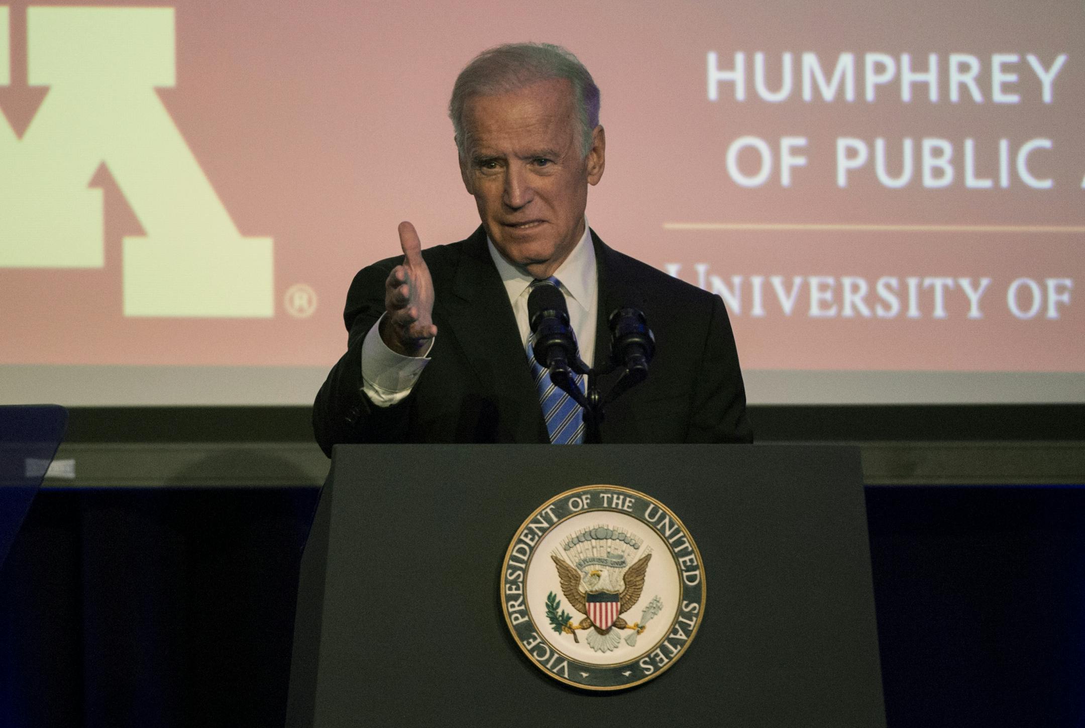 Vice President Joe Biden speaks as he takes part in a tribute to former Vice President Walter Mondale in Washington, Tuesday, Oct. 20, 2015.