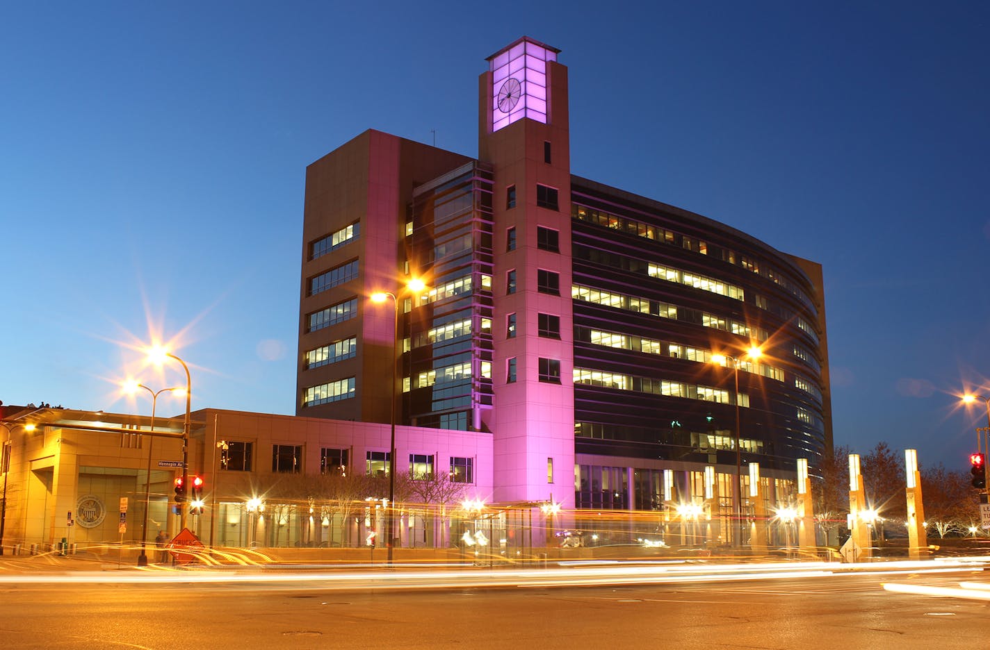 Here are two shots of the Mpls Fed clocktower with the purple illumination in honor of Prince.My boss, David Wargin told Evan we'd send these over. Credit should read - Courtesy of the Federal Reserve Bank of Minneapolis. ORG XMIT: MIN1703091747414095