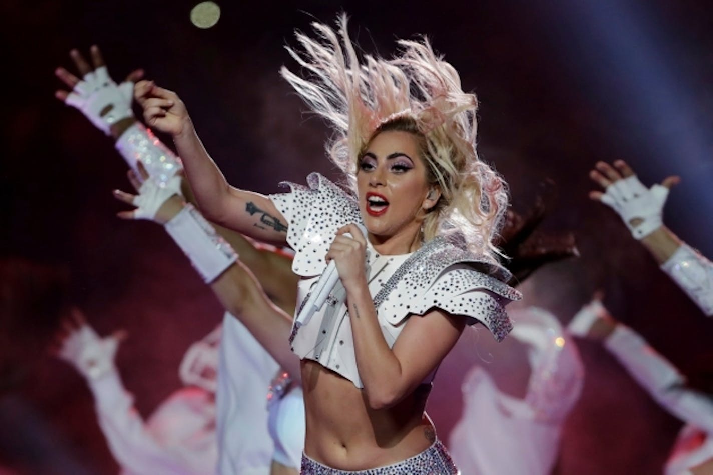 Singer Lady Gaga performs during the halftime show of the NFL Super Bowl 51 football game between the New England Patriots and the Atlanta Falcons, Sunday, Feb. 5, 2017, in Houston. (AP Photo/Matt Slocum)