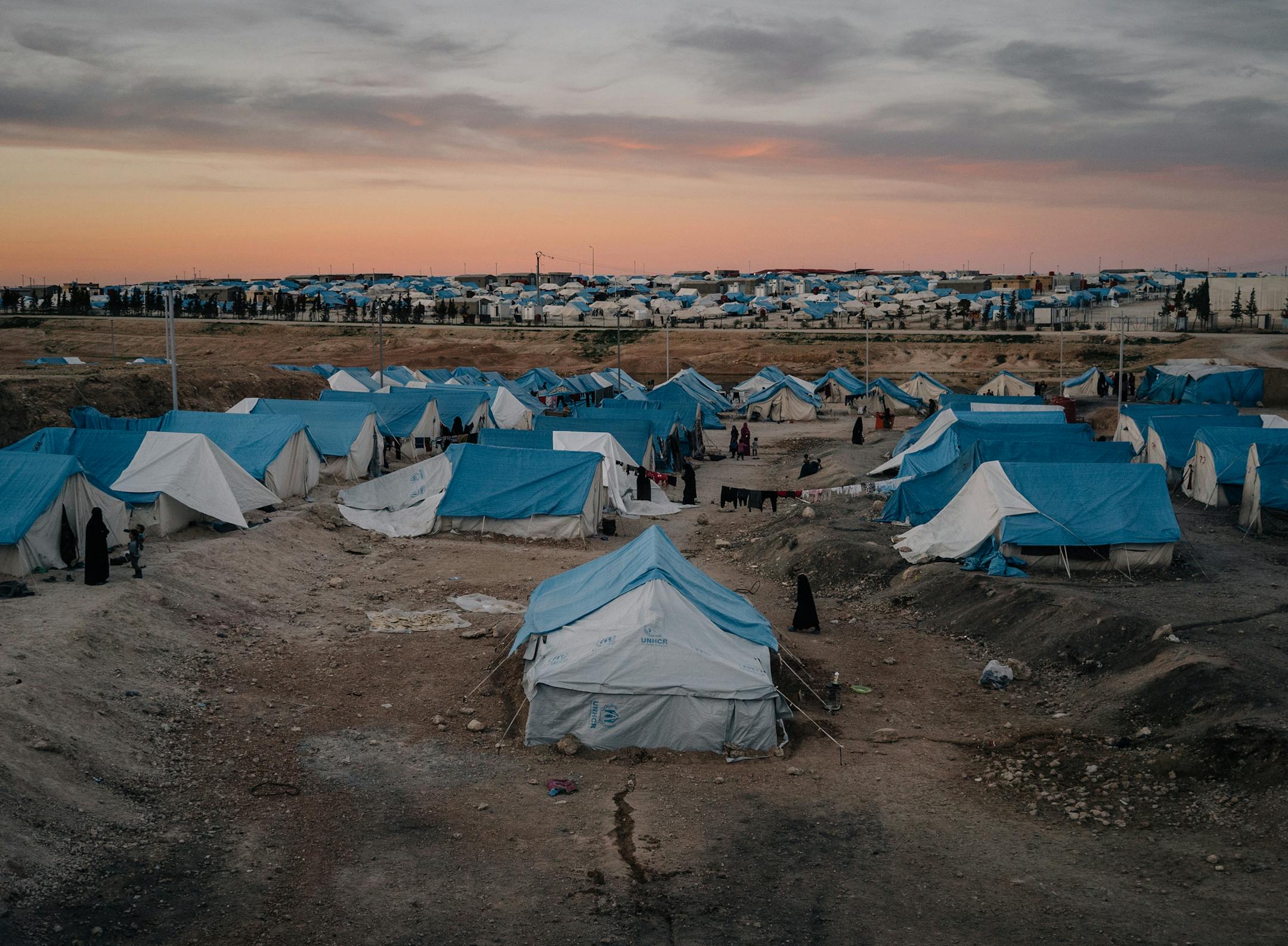 A camp for internally displaced civilians in the countryside near Raqqa. The section in the foreground houses foreign wives of Islamic State militants; the main camp is in the background. Many people remain in the camp while making day trips to Raqqa to begin rebuilding their homes.
