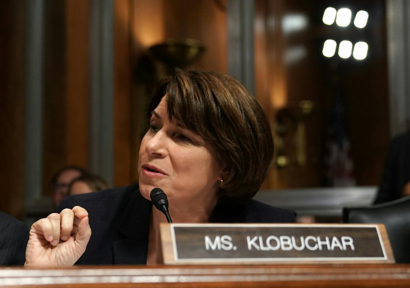 Sen. Amy Klobuchar, D-Minn., questions Christine Blasey Ford as she testifies before the Senate Judiciary Committee on Capitol Hill in Washington, Thursday, Sept. 27, 2018. (AP Photo/Andrew Harnik, Pool)