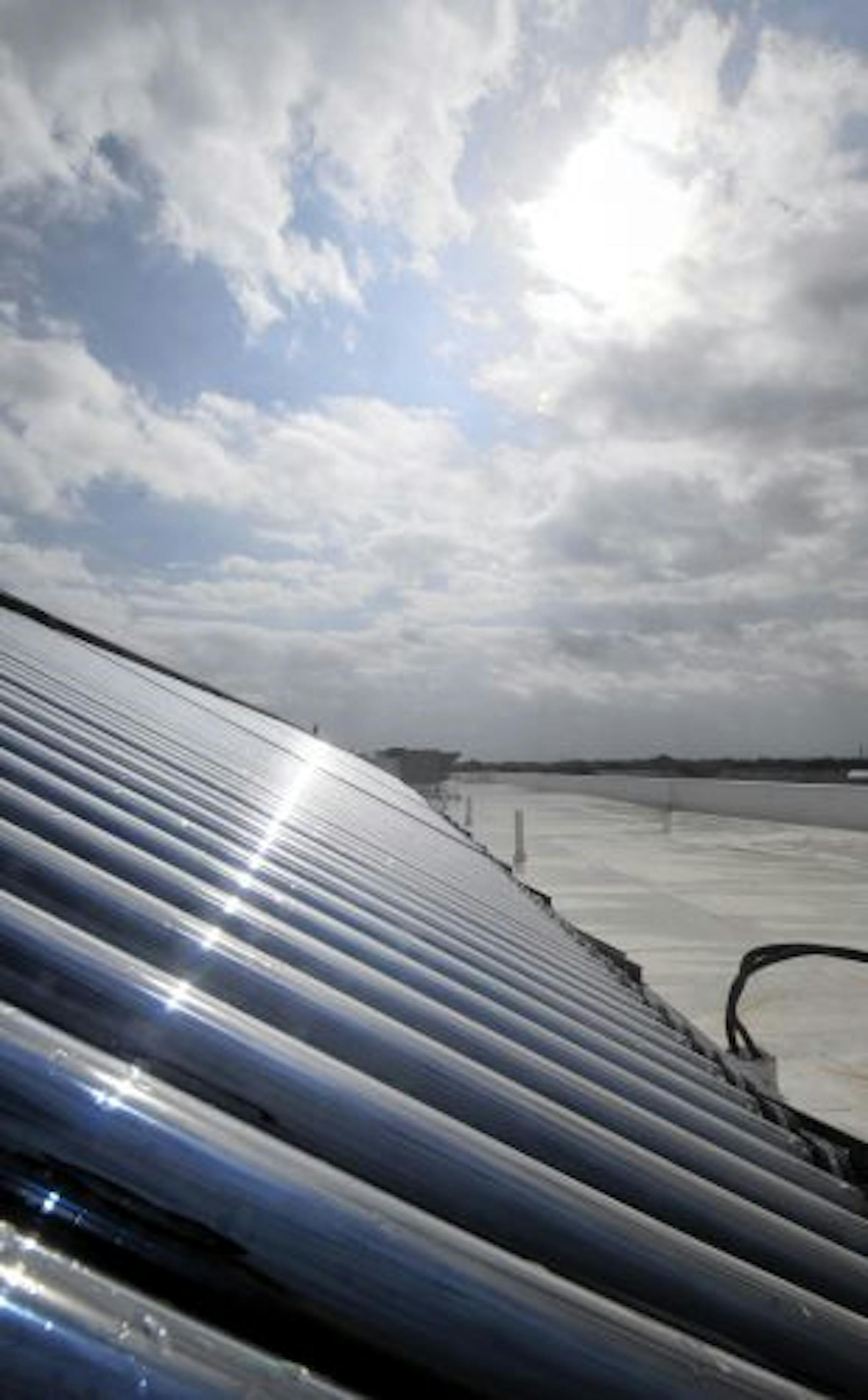 Water is heated by thermal solar units incorporating tubes that are more practical in Texas than traditional solar panels at the Motel 6 Texas Motor Speedway in Roanoke.