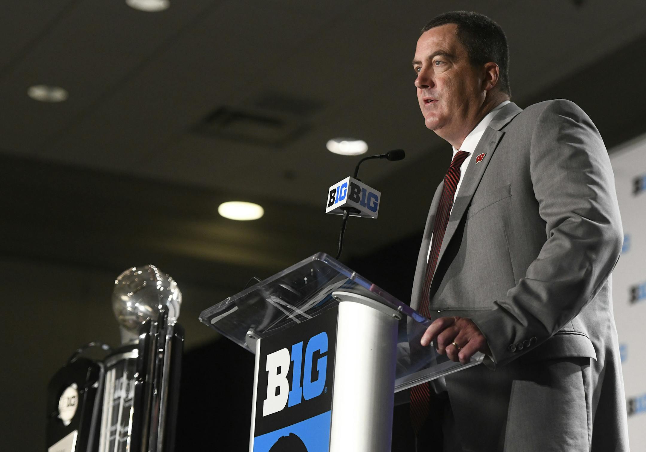 Wisconsin head coach Paul Chryst speaks at the Big Ten Conference NCAA college football Media Days in Chicago, Tuesday, July 24, 2018. (AP Photo/Annie Rice)