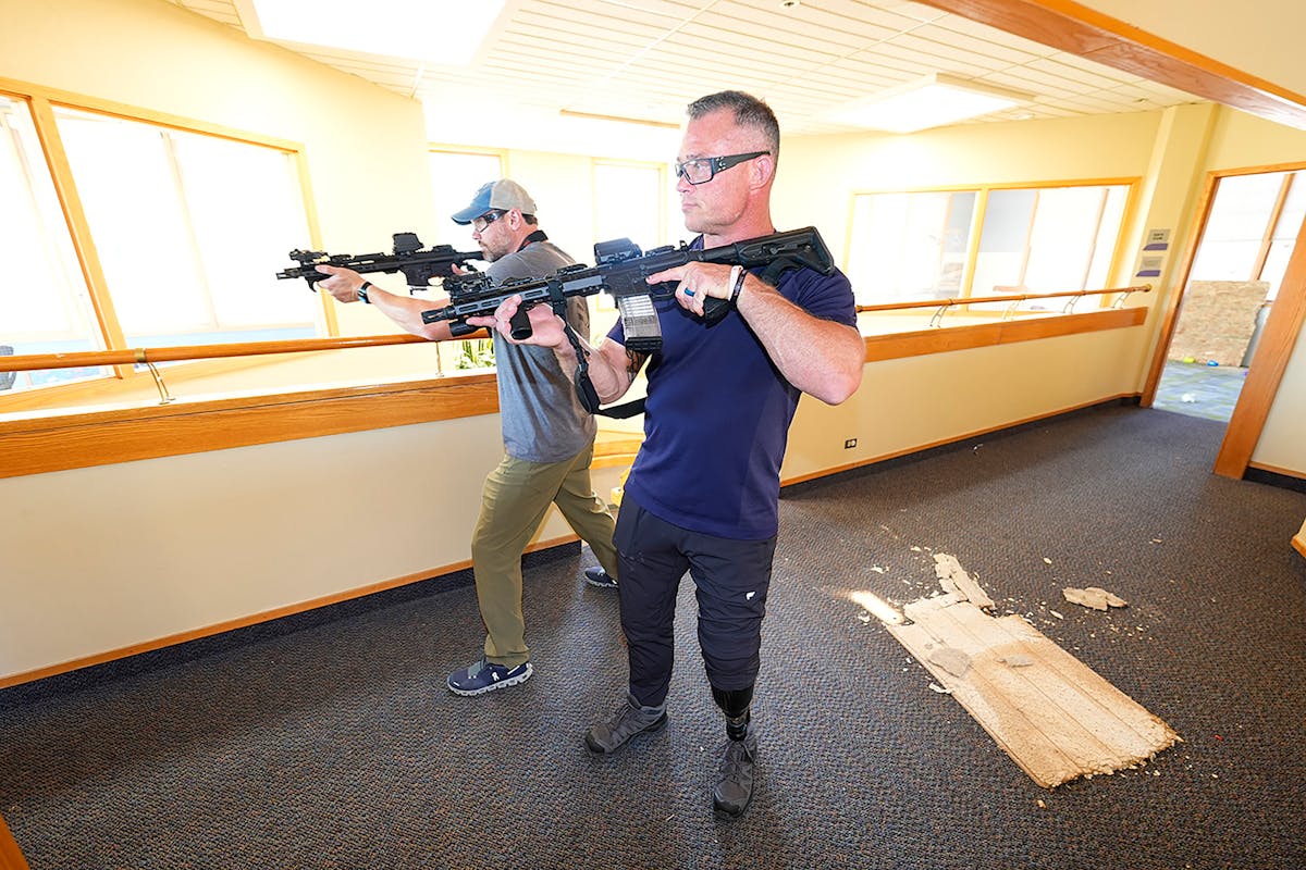 Denver Police Department Sgt. Justin Dodge takes part in a training exercise Friday, June 7, 2024, in a former athletic club nw vacant in Lone Tree, C