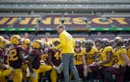 Gophers head coach P.J. Fleck addressed his team after April's spring game.