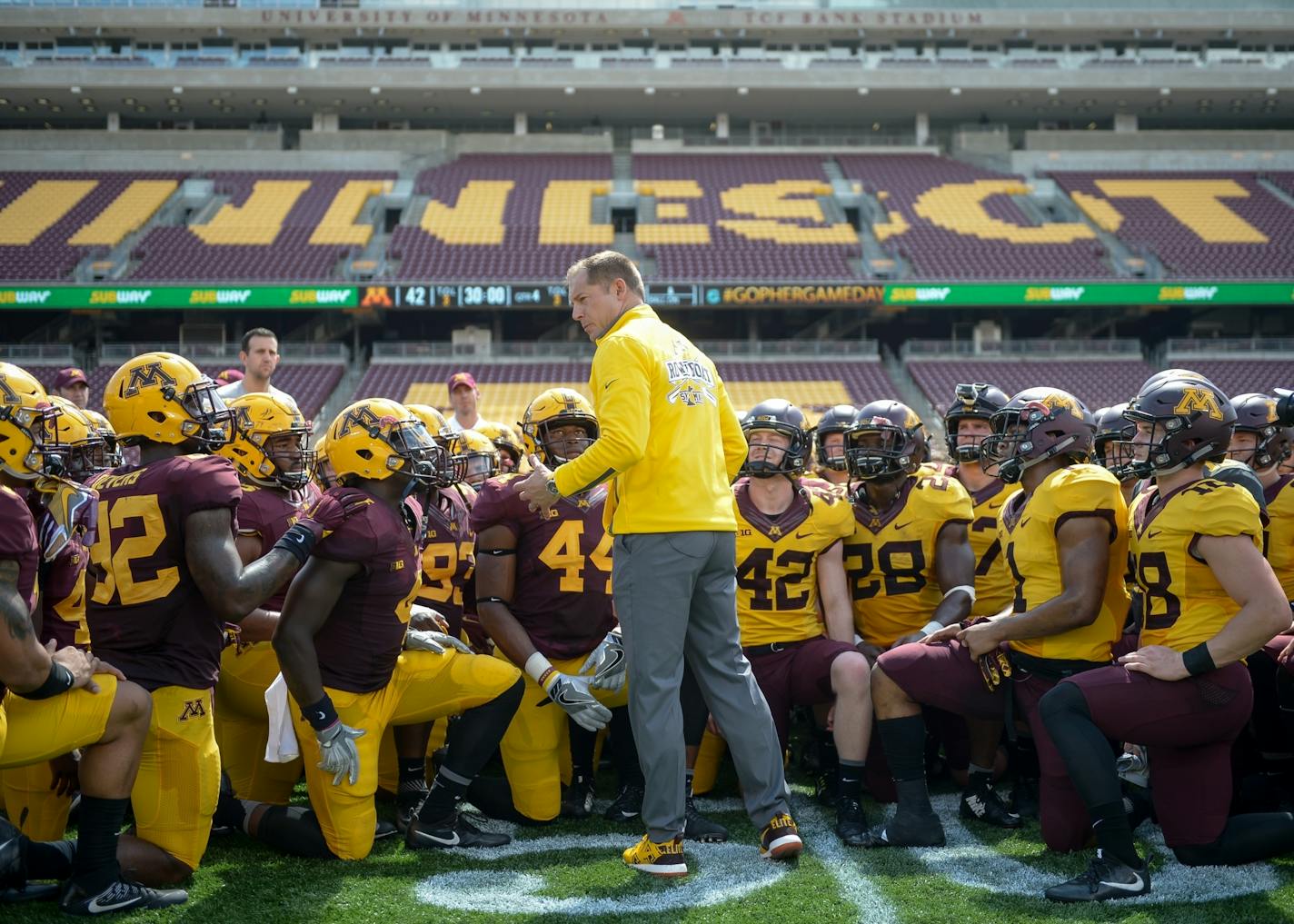 Gophers head coach P.J. Fleck addressed his team after April's spring game.