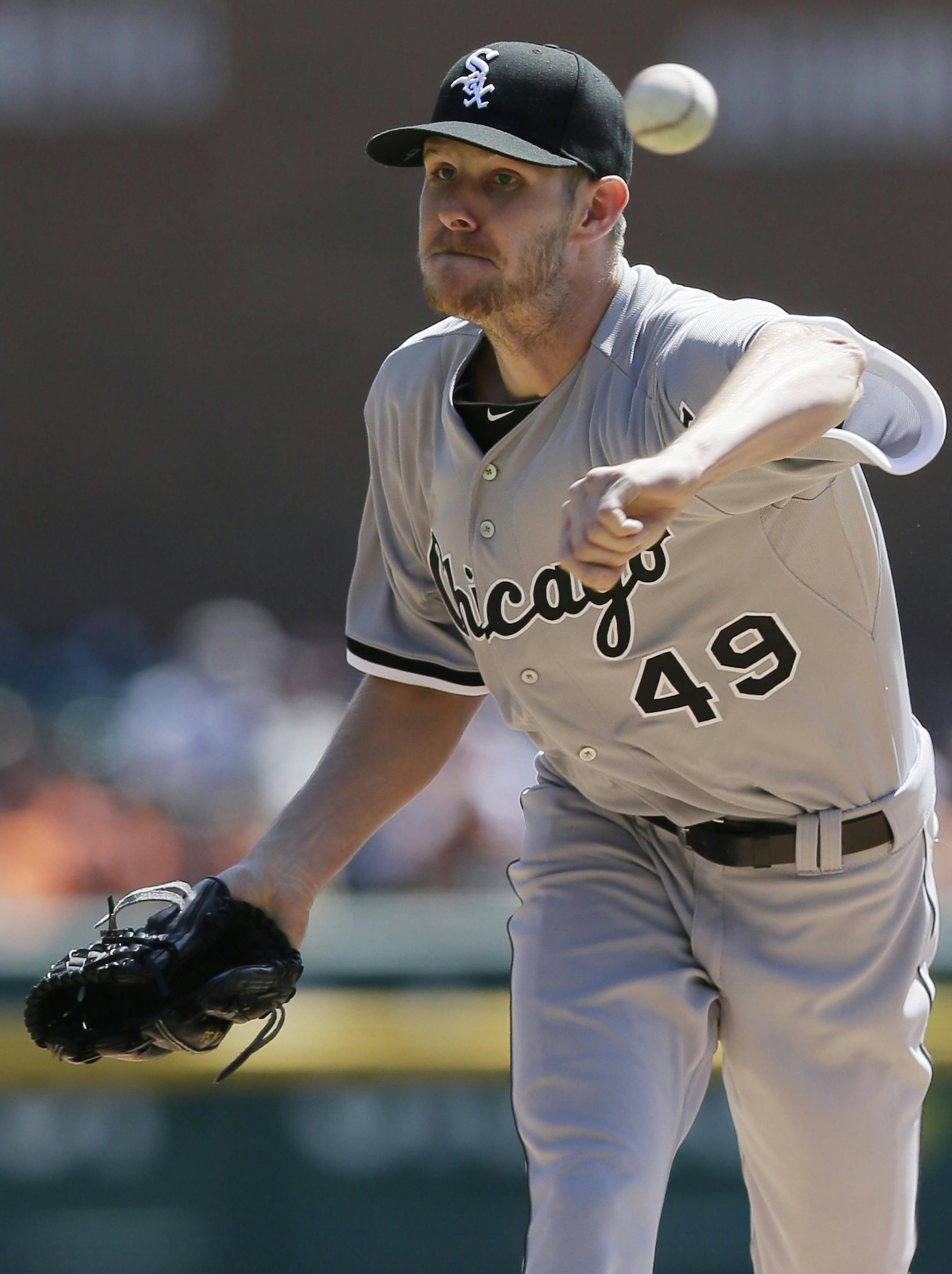 Chicago White Sox starting pitcher Chris Sale throws during the first inning of a baseball game against the Detroit Tigers, Saturday, April 18, 2015, in Detroit. (AP Photo/Carlos Osorio) ORG XMIT: otkco123