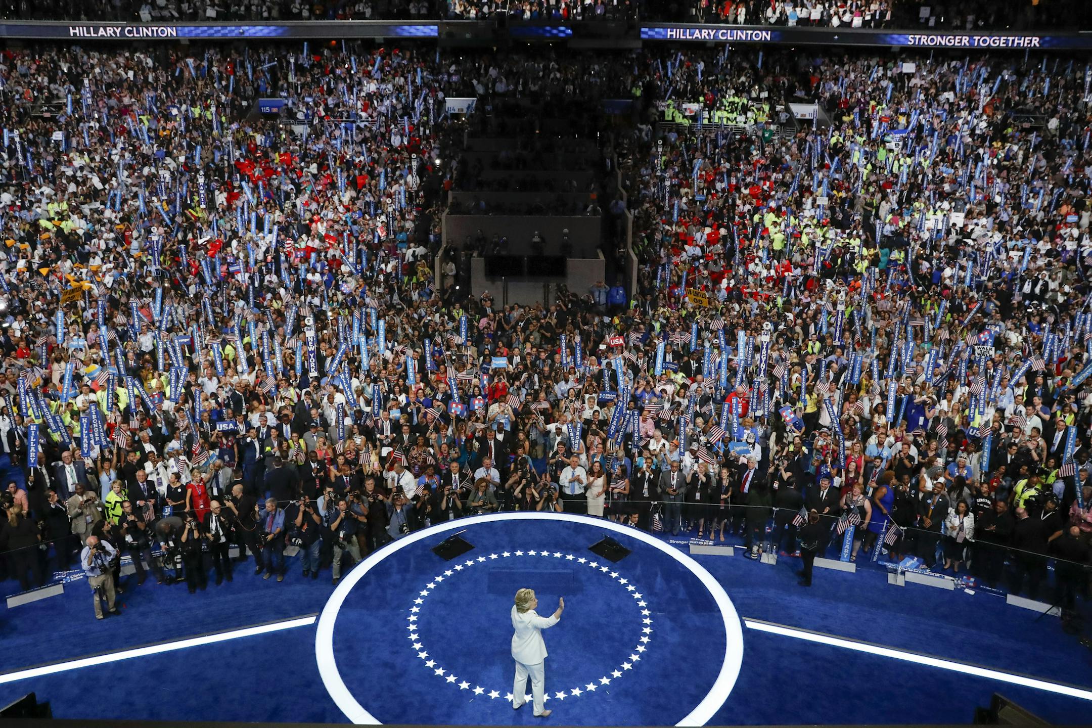 FILE - In this July 28, 2016 file photo, Democratic presidential nominee Hillary Clinton waves to delegates after her speech during the final day of the Democratic National Convention in Philadelphia. Clinton is facing the most important debates of her life as she squares off against Donald Trump beginning Monday, Sept. 26, 2016 _ three high-stakes contests that could set the momentum for the remainder of the presidential campaign. (AP Photo/Mary Altaffer, File)
