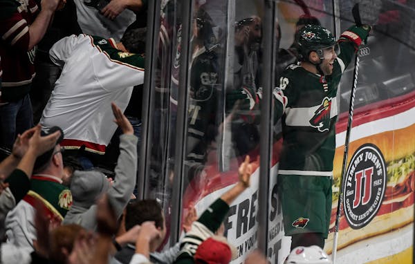 Minnesota Wild left wing Jason Zucker celebrated after scoring a goal in the first period against the New York Islanders last month.