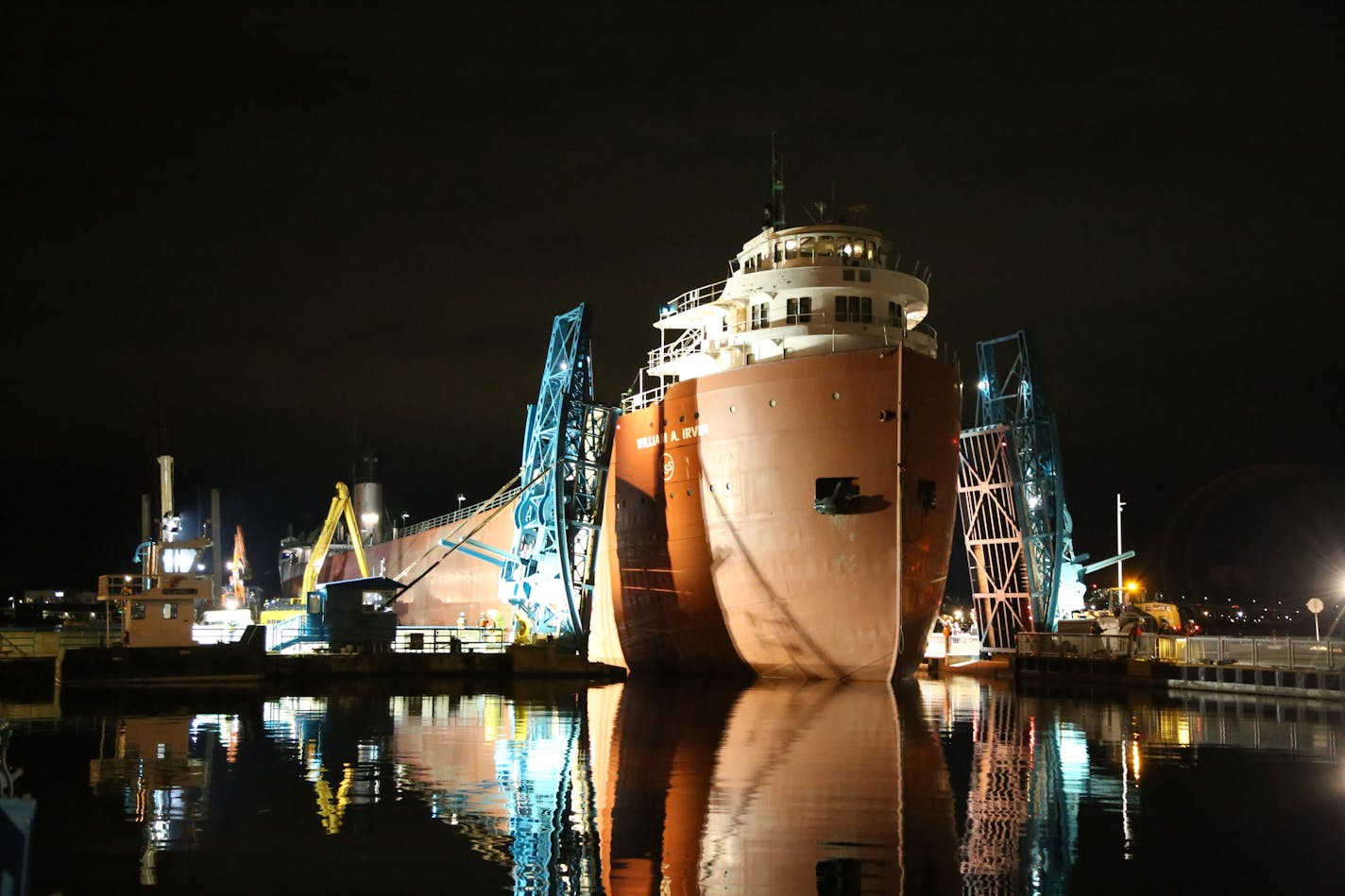 The William A. Irvin museum ore ship was carefully moved into its slip at the Duluth Harbor in October 2019. The Irvin will reopen to visitors on Friday. PAM LOUWAGIE pam.louwagie@startribune.com