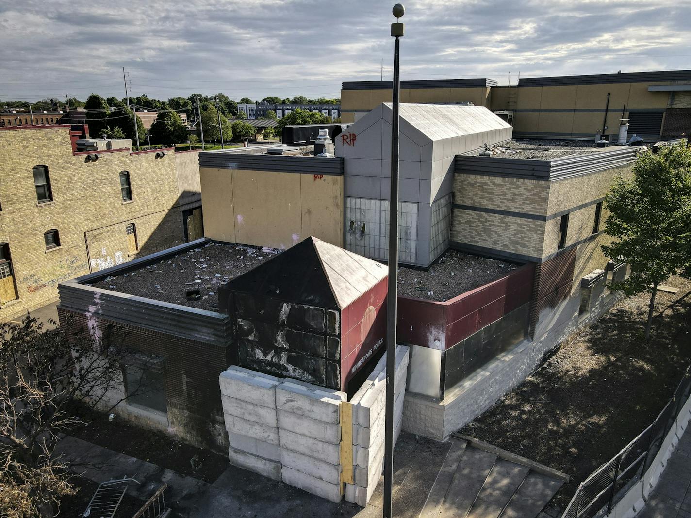 The Minneapolis Police Third Precinct station, which was overrun by protesters and lit on fire.