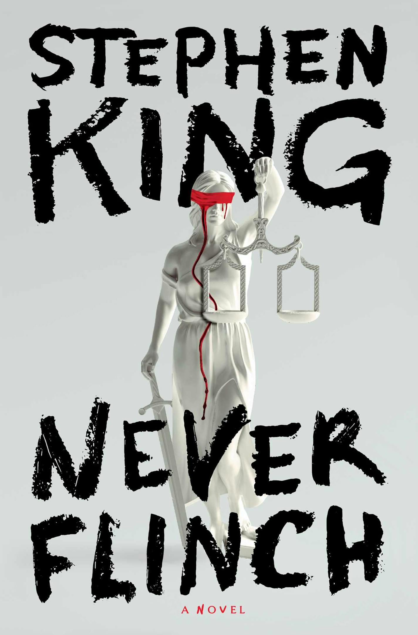 Never Flinch cover is white, depicting the scales of justice