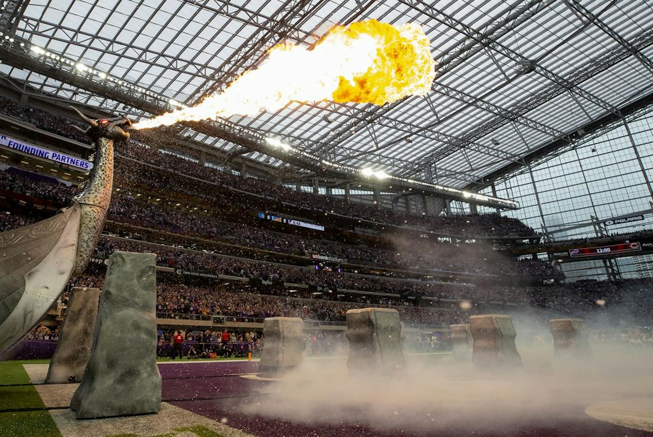 Fire shot from the dragon during pregame introductions last season.