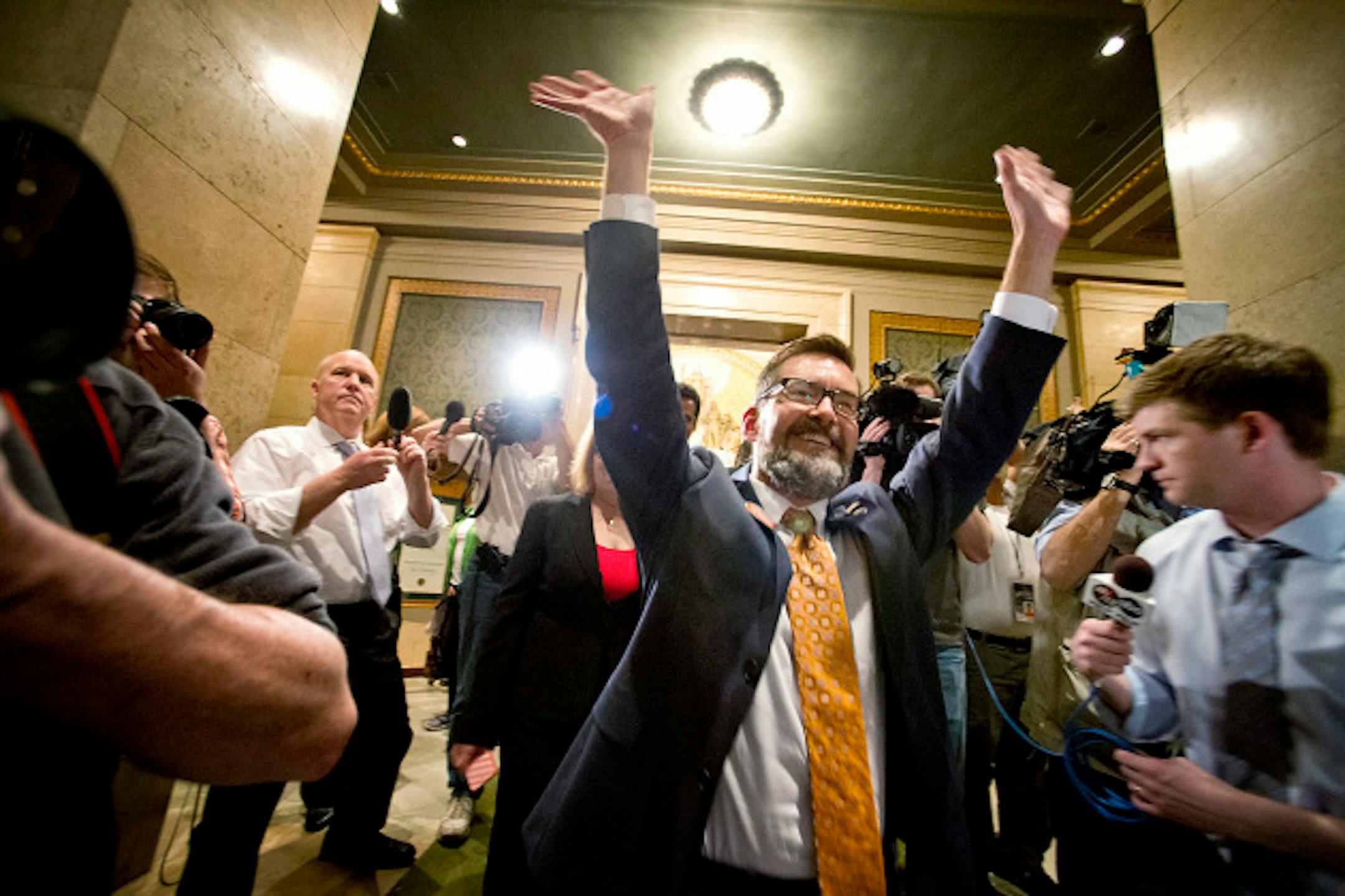 Sen Scott Dibble greeted supporters as he emerged from House chambers after the vote. Thursday, May 9, 2013.     ]   GLEN STUBBE * gstubbe@startribune.com