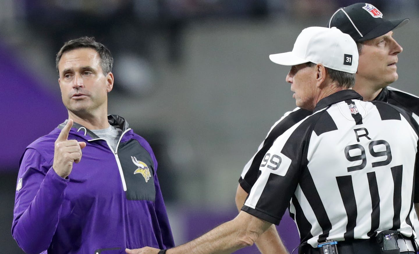 With head coach Mike Zimmer out after eye surgery, Speacial Teams coach Mike Priefer led the Vikings on the sidelines Thursday night. ] Minnesota Vikings -vs- Dallas Cowboys, U.S. Bank Stadium
brian.peterson@startribune.com
Minneapolis, MN 12/01/16